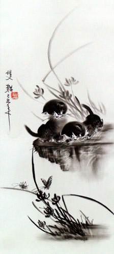 Charcoal Kittens and Butterflies Wall Scroll close up view