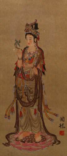 Guanyin / Kuan Yin / Kannon Buddhist Wall Scroll close up view