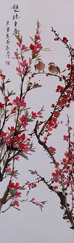 Bird and Flower Wall Scroll close up view