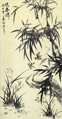 Bamboo and Birds - Chinese Black Ink Wall Scroll close up view
