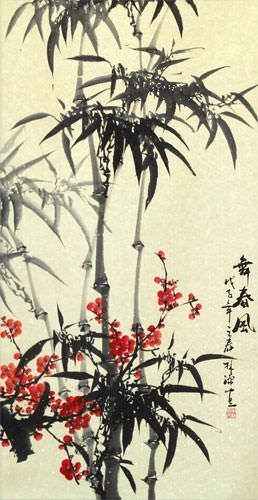 Huge Bamboo and Plum Blossom Wall Scroll close up view