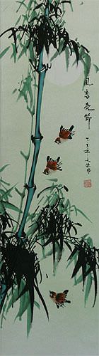 Birds and Chinese Bamboo Wall Scroll close up view