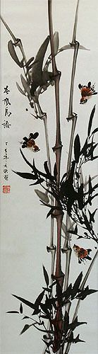 Bird and Bamboo Wall Scroll close up view