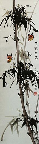 Birds and Bamboo Wall Scroll close up view