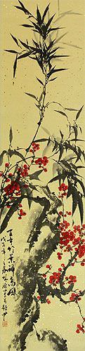 Plum Blossom and Bamboo Wall Scroll close up view