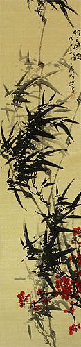 Black Ink Bamboo and Plum Blossom Wall Scroll close up view