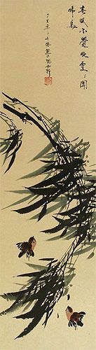 Chinese Black Ink Bamboo and Birds Wall Scroll close up view