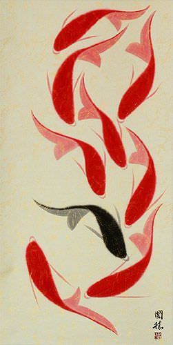 Large Nine Abstract Koi Fish Chinese Scroll close up view