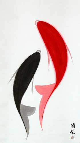 Large Abstract Yin Yang Koi Fish Wall Scroll close up view
