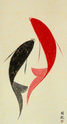 Large Abstract Yin Yang Fish - Asian Scroll close up view
