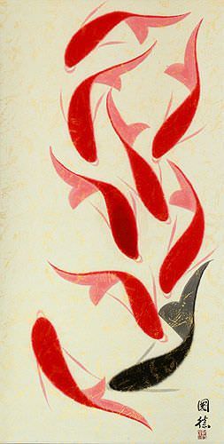 Huge Nine Abstract Koi Fish Asian Scroll close up view