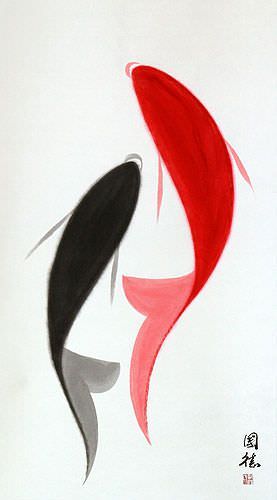 Abstract Yin Yang Koi Fish Wall Scroll close up view