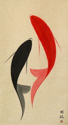 Yin Yang Koi Fish Wall Scroll close up view