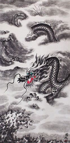 Flying Chinese Dragon - Asian Scroll close up view