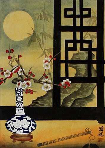 Chinese Still Life Scene Wall Scroll close up view