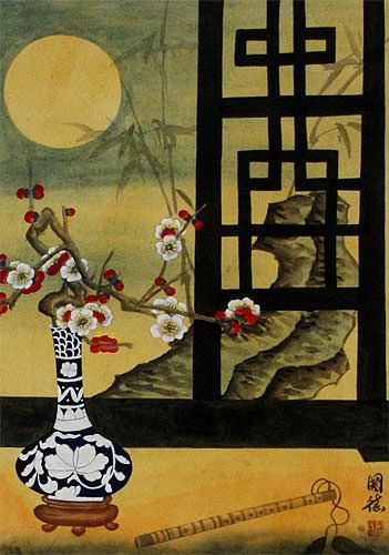 Asian Still Life Scene Wall Scroll close up view
