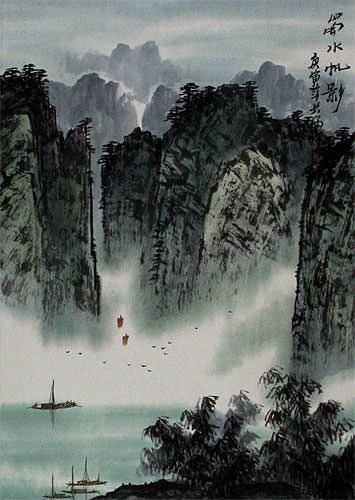 Southern Mountains and River Landscape Wall Scroll close up view