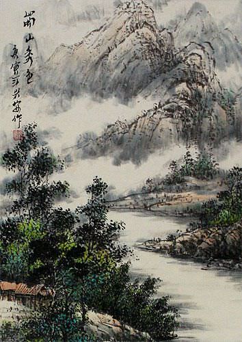 Riverside Village Home Landscape Wall Scroll close up view