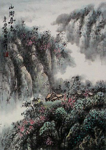 Colors of Spring at Mountain Village - Landscape Wall Scroll close up view