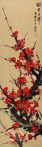 Red Plum Blossom Wall Scroll close up view