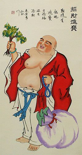 Happy Longtime Buddha - Chinese Scroll close up view