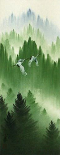Colorful Cranes Wall Scroll close up view