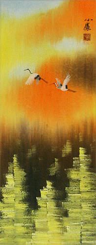 Colorful Cranes Wall Scroll close up view