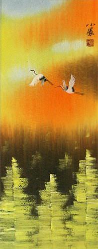 Colorful Cranes Wall Scroll close up view