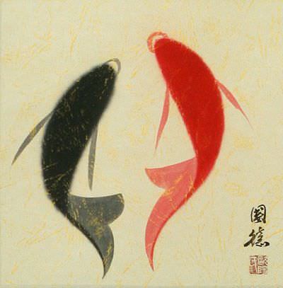 Abstract Yin Yang Fish Art Scroll close up view