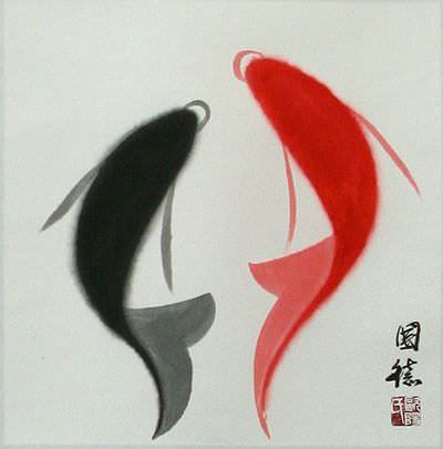 Abstract Yin Yang Fish - Chinese Scroll close up view