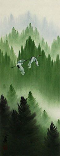 Companions Asian Cranes Landscape - Small Wall Scroll close up view