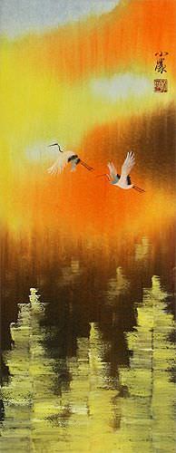 Cranes Taking Flight in Autumn - Small Wall Scroll close up view