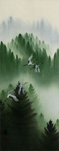 Homeward Bound Asian Cranes Wall Scroll close up view