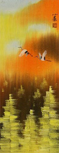 Colorful Cranes Wall Scroll close up view