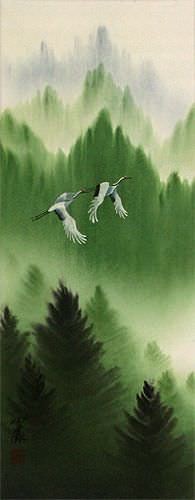 Colorful Cranes Wall Scroll close up view