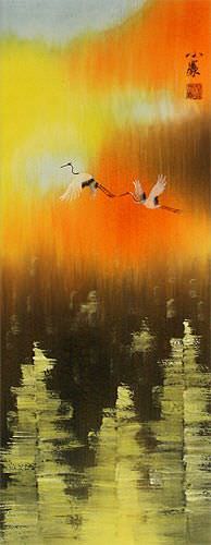 Cranes Taking Flight in Autumn - Small Wall Scroll close up view