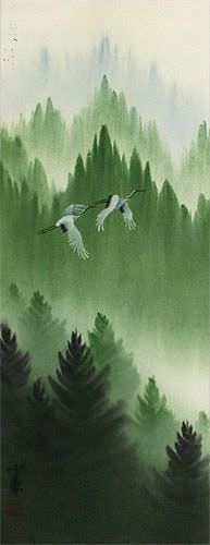 Colorful Asian Cranes Wall Scroll close up view