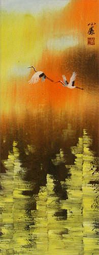 Colorful Cranes Wall Scroll close up view