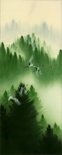 Homeward Bound Asian Cranes Wall Scroll close up view