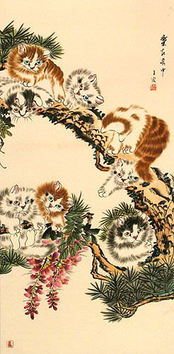Kittens in Pine Tree - Large Wall Scroll close up view