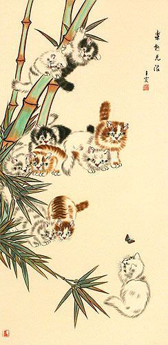 Ten Kittens in the Bamboo Wall Scroll close up view