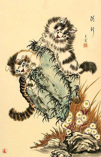 Asian Kittens - Chinese Cat Scroll close up view