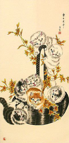 Cats / Kittens - Chinese Scroll close up view