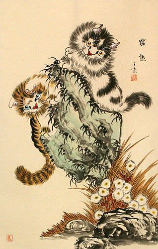 Kittens Cats - Chinese Scroll close up view