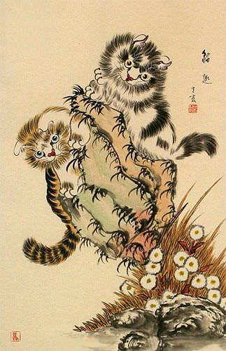 Cat Fun Chinese Wall Scroll close up view