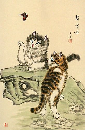 Naughty Chinese Kittens Wall Scroll close up view
