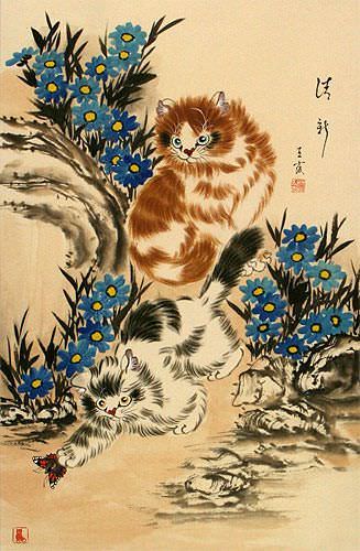 New and Fresh Kittens - Chinese Wall Scroll close up view