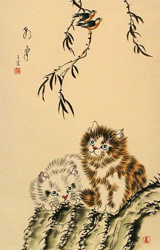 Asian Kittens - Oriental Wall Scroll close up view