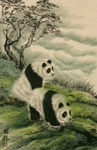 Chinese Sichuan Pandas Wall Scroll close up view