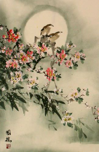 Bird & Peach Blossom - Flower Wall Scroll close up view
